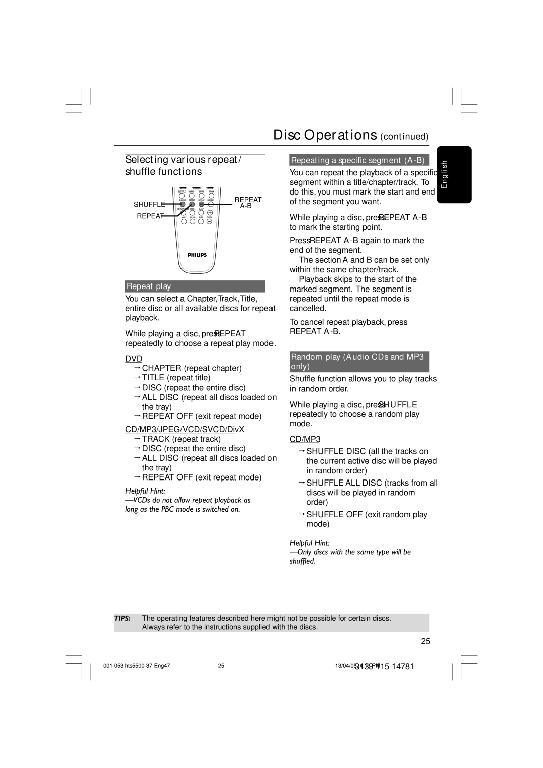 Philips HTS5500C/37B user manual Selecting various repeat/ shuffle functions, Repeat play, Repeating a specific segment A-B 