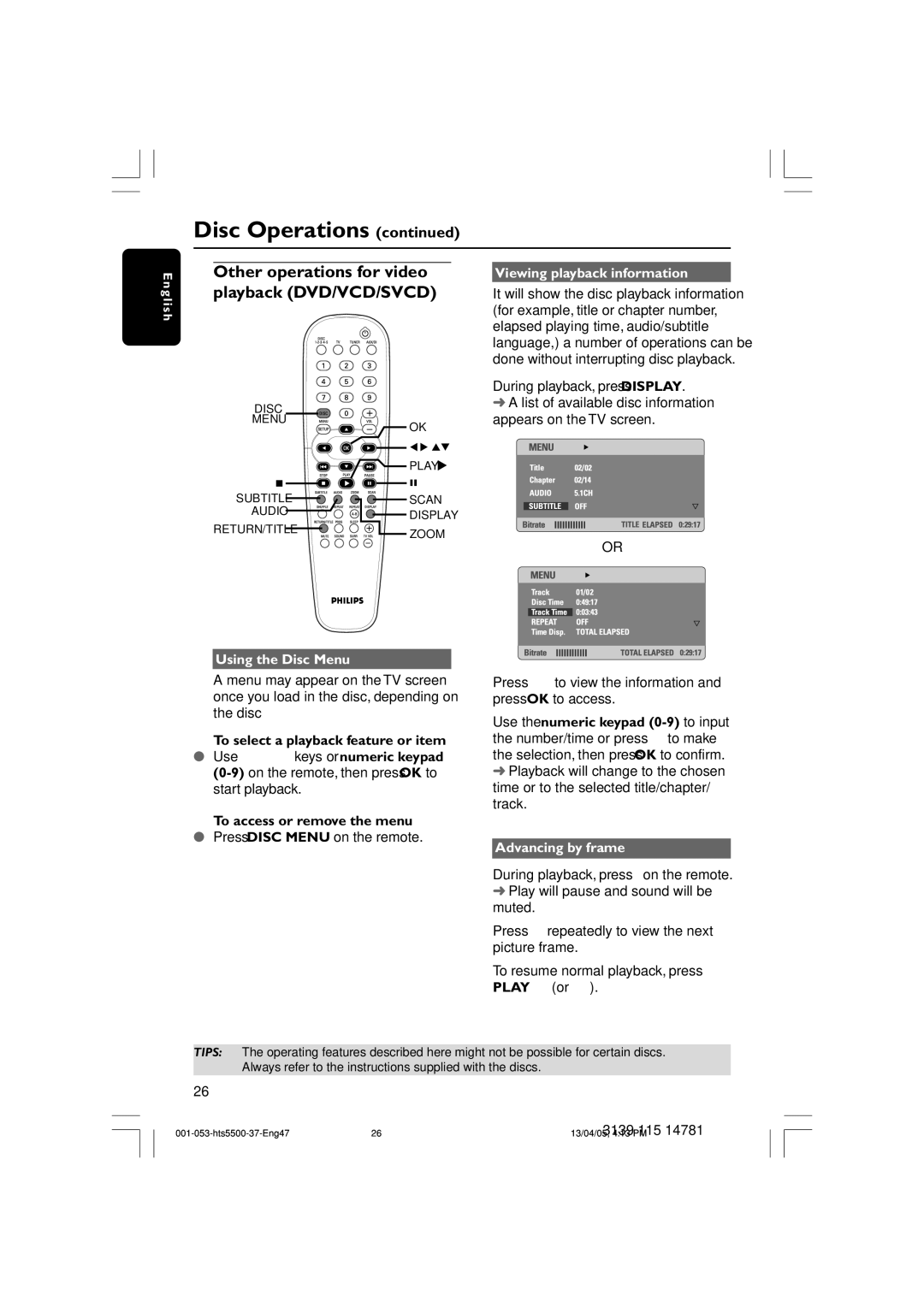 Philips HTS5500C Other operations for video playback DVD/VCD/SVCD, Using the Disc Menu, Viewing playback information 