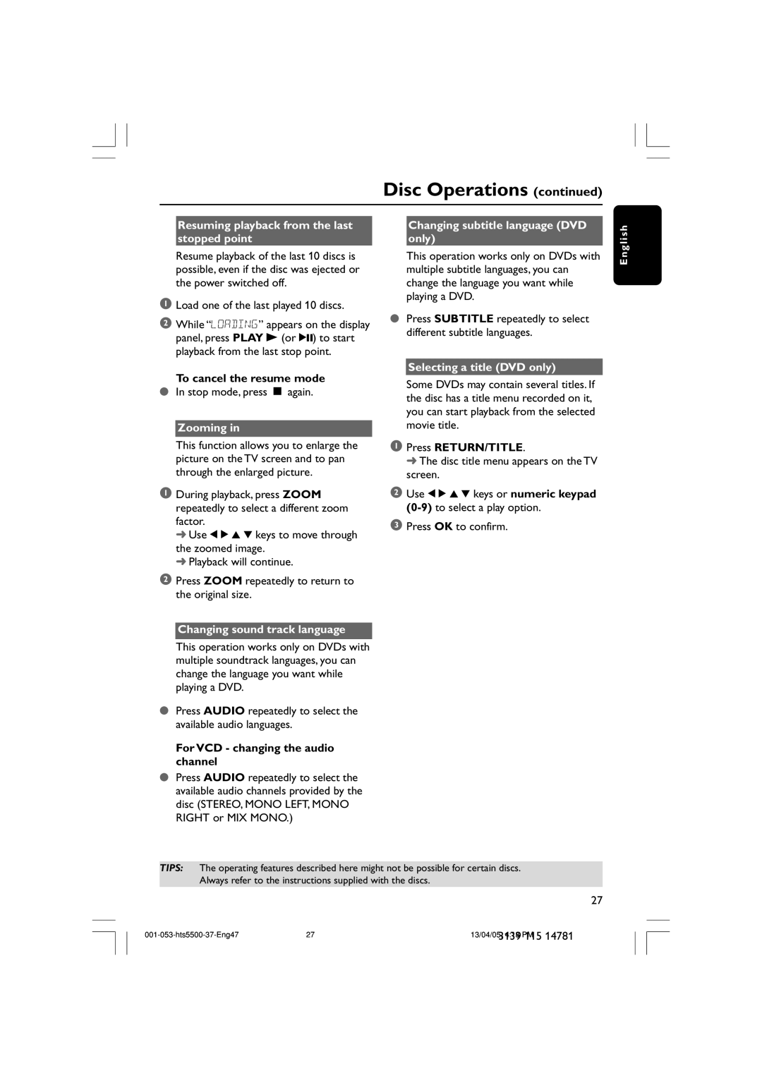 Philips HTS5500C/37B Resuming playback from the last stopped point, Zooming, Changing subtitle language DVD only 