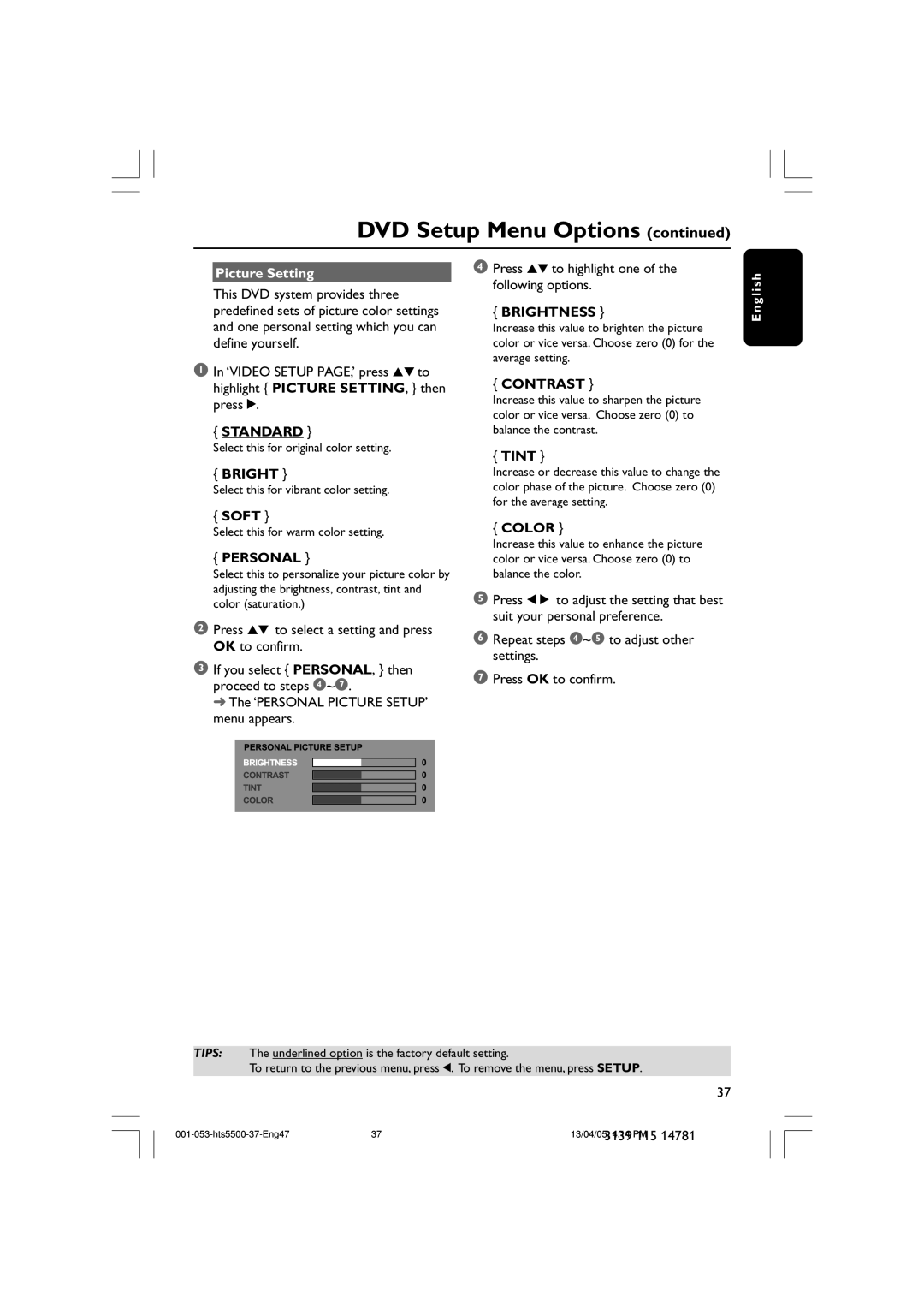 Philips HTS5500C/37B user manual Standard, Brightness, Contrast, Personal, Color 