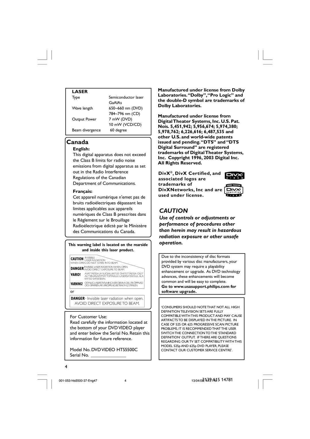 Philips HTS5500C/37B user manual Laser 