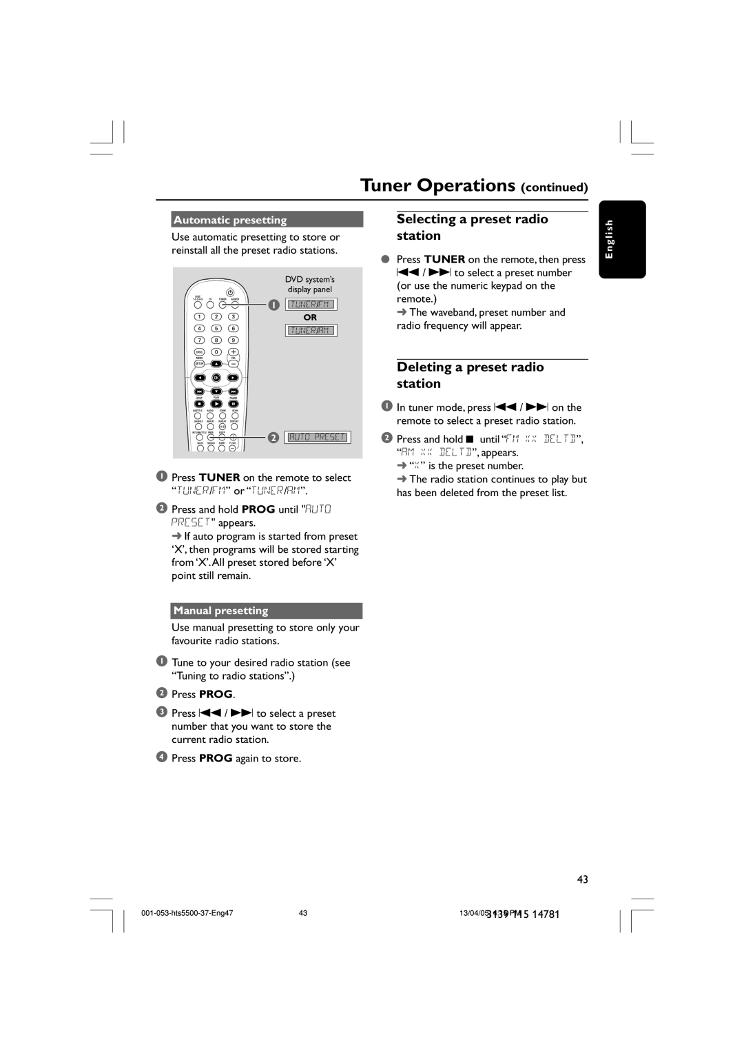 Philips HTS5500C/37B user manual Selecting a preset radio station, Deleting a preset radio station, Automatic presetting 