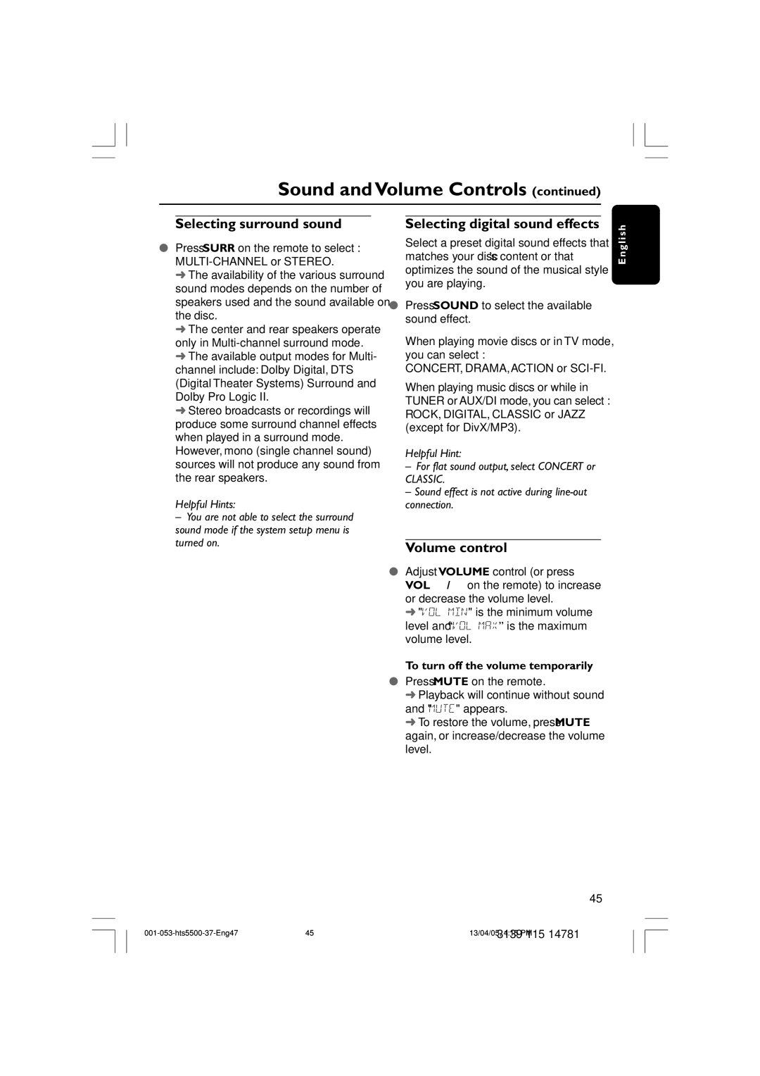 Philips HTS5500C/37B user manual Selecting surround sound, Selecting digital sound effects, Volume control 