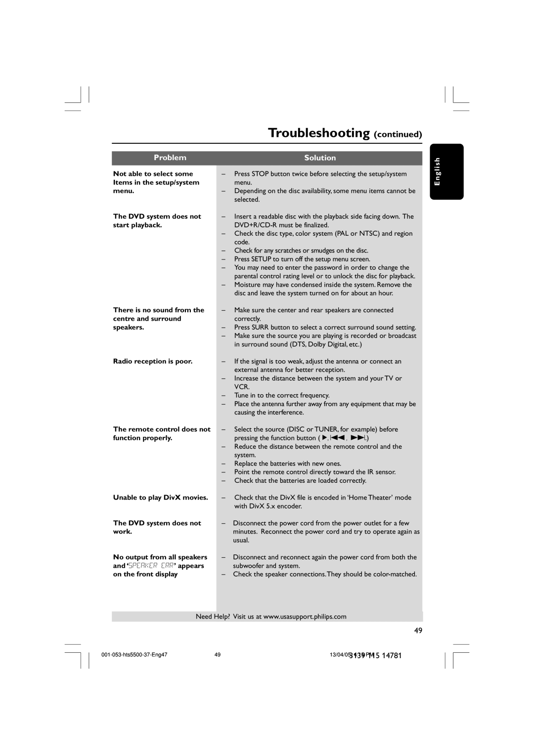 Philips HTS5500C/37B user manual Problem 