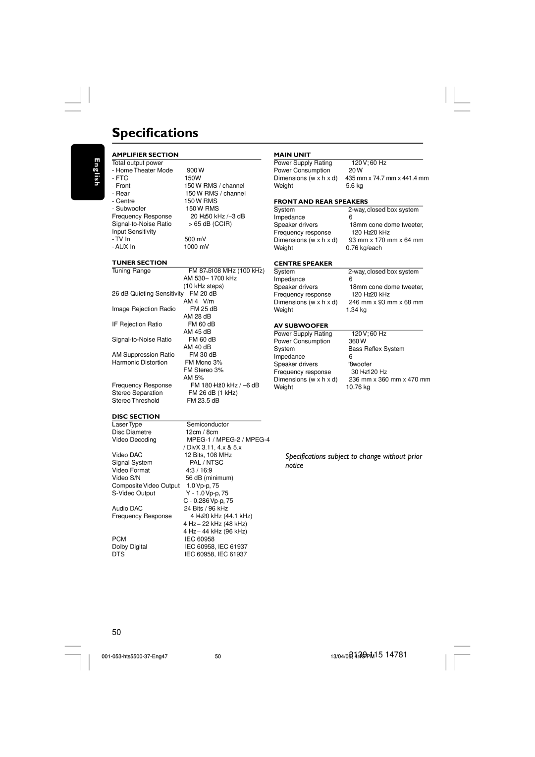 Philips HTS5500C/37B user manual Specifications, Amplifier Section 