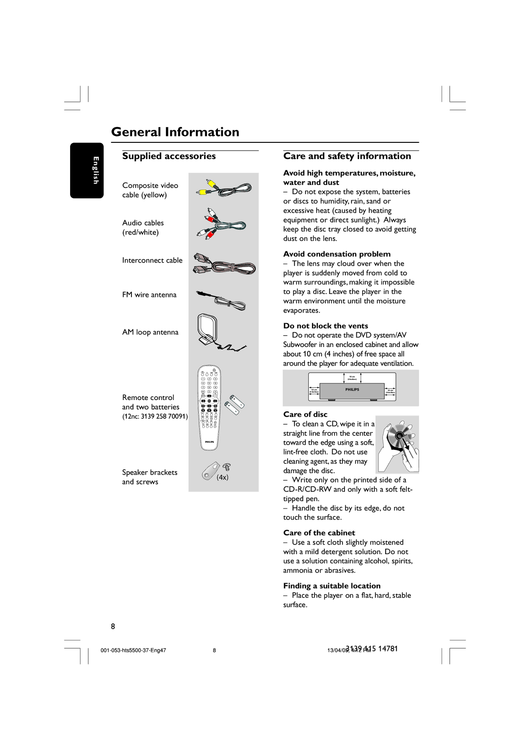 Philips HTS5500C/37B user manual General Information, Supplied accessories, Care and safety information 