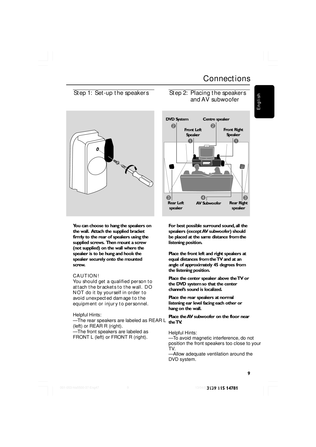 Philips HTS5500C/37B user manual Connections, Set-up the speakers Placing the speakers AV subwoofer 