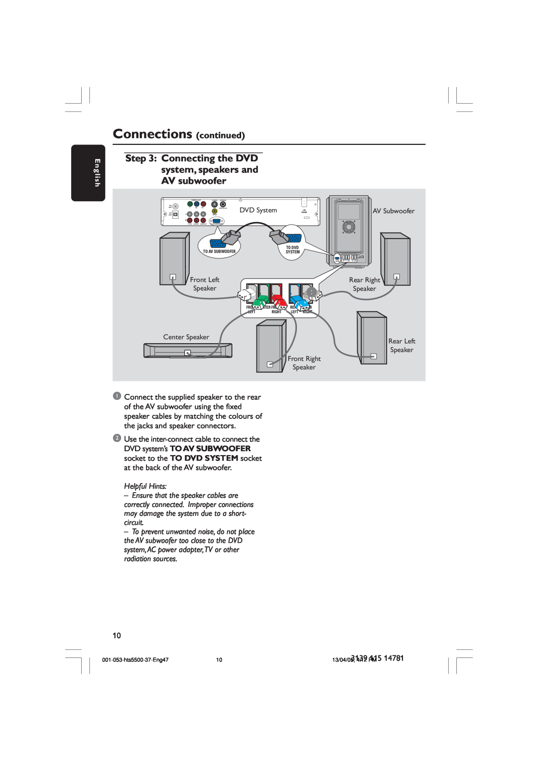 Philips HTS5500C/37B user manual Connections continued, Helpful Hints 