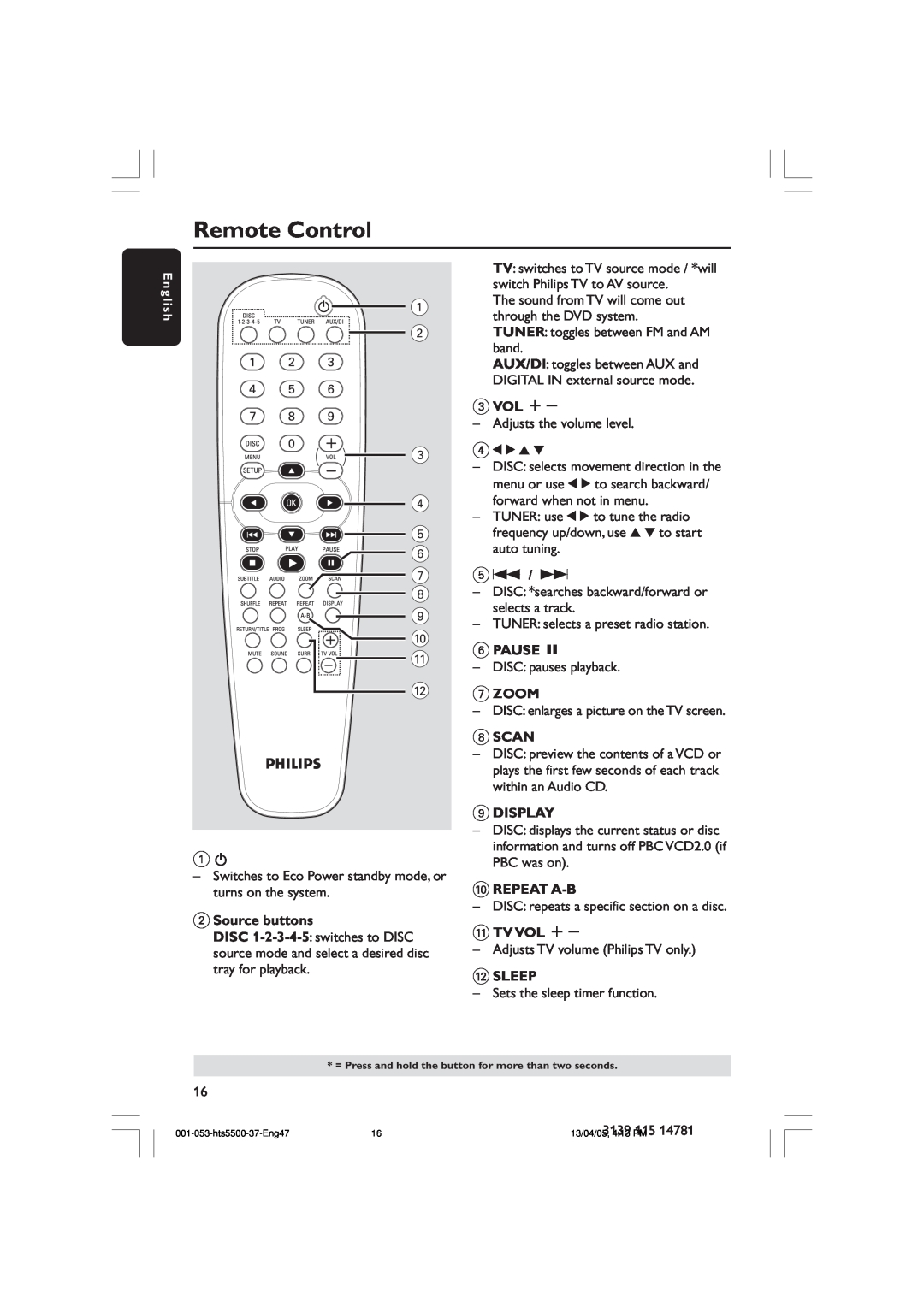 Philips HTS5500C/37B user manual Remote Control 