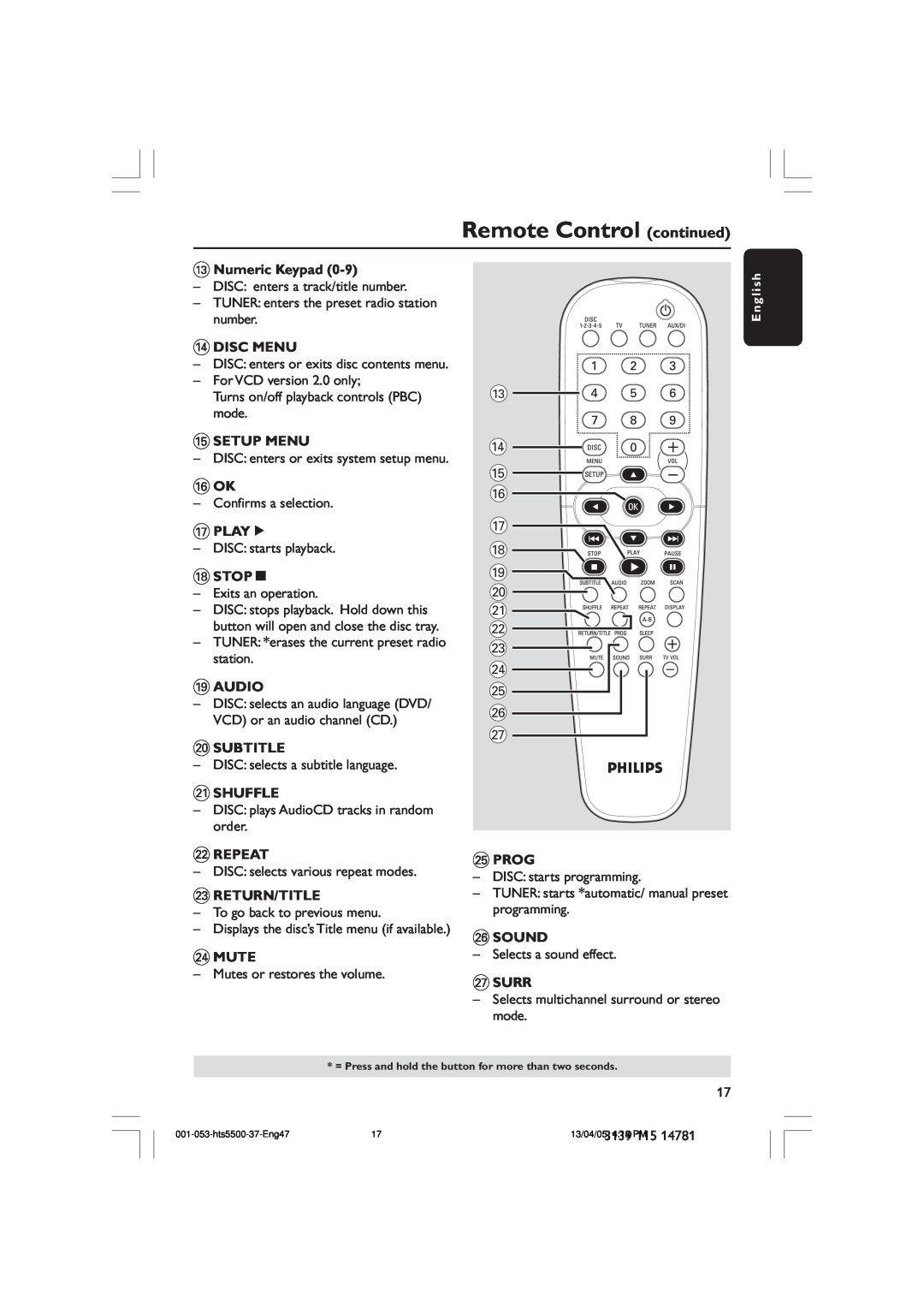 Philips HTS5500C/37B Remote Control continued, # $ % & ¡ £ ≤ ∞ § ≥, #Numeric Keypad, $Disc Menu, Setup Menu, Playé, Stopç 