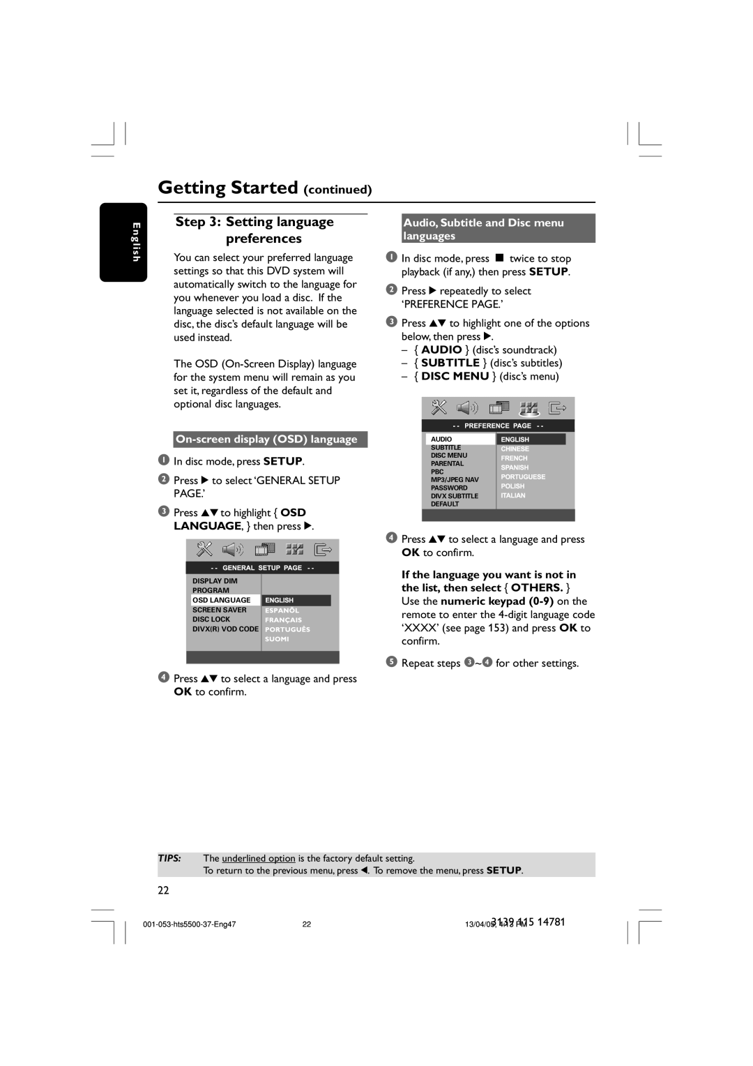 Philips HTS5500C/37B user manual Getting Started continued, Setting language preferences, On-screendisplay OSD language 