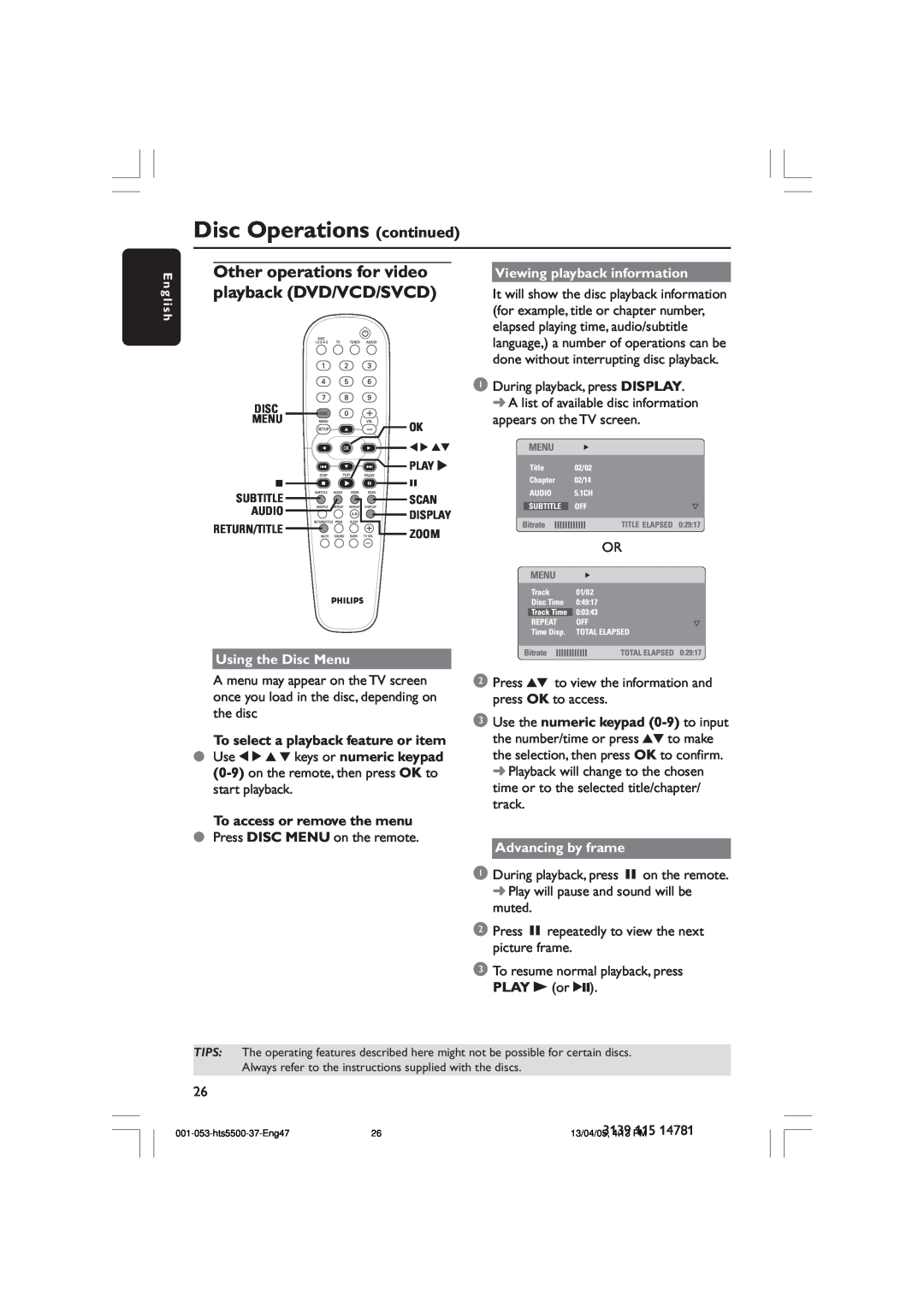 Philips HTS5500C Other operations for video playback DVD/VCD/SVCD, Disc Operations continued, Using the Disc Menu 