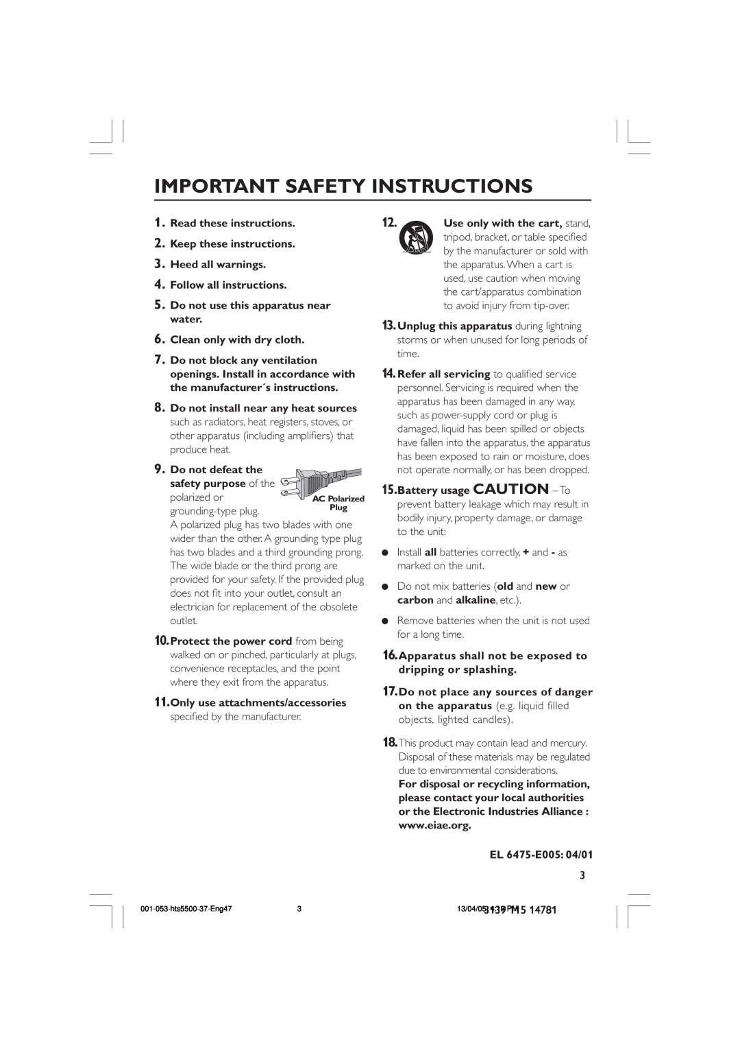 Philips HTS5500C/37B Important Safety Instructions, Read these instructions, Keep these instructions 3.Heed all warnings 