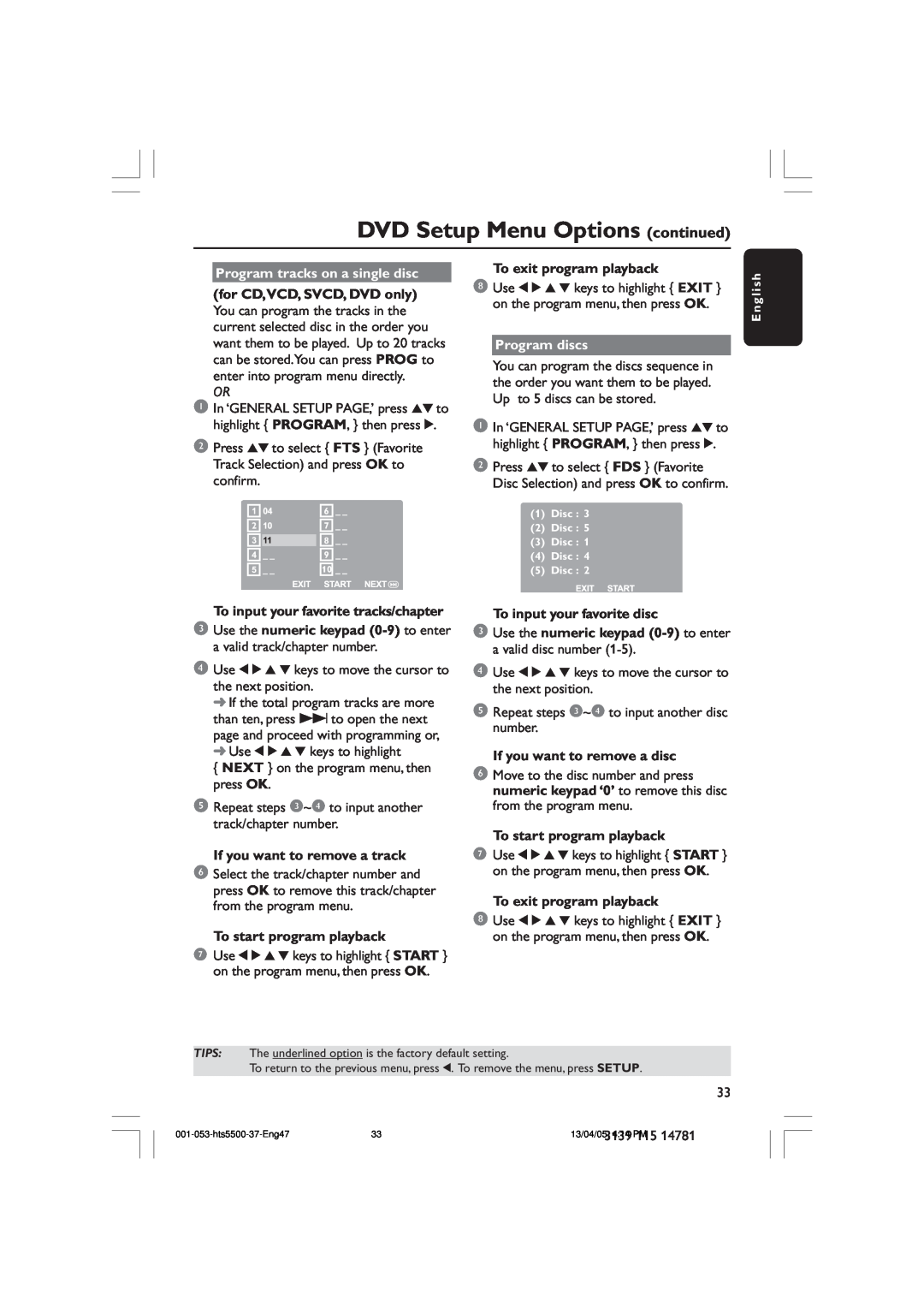 Philips HTS5500C/37B DVD Setup Menu Options continued, Program tracks on a single disc, To exit program playback 
