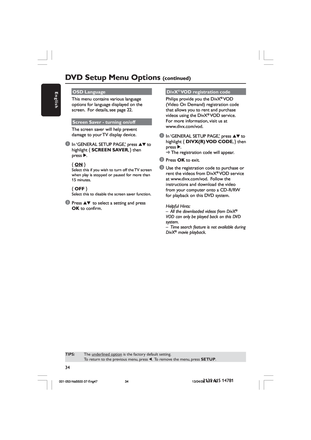 Philips HTS5500C DVD Setup Menu Options continued, OSD Language, Screen Saver - turning on/off, DivX VOD registration code 
