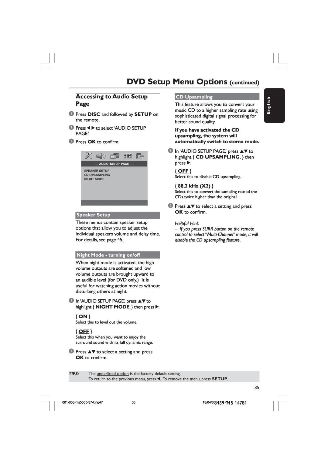 Philips HTS5500C/37B Accessing to Audio Setup Page, DVD Setup Menu Options continued, Speaker Setup, CD Upsampling 