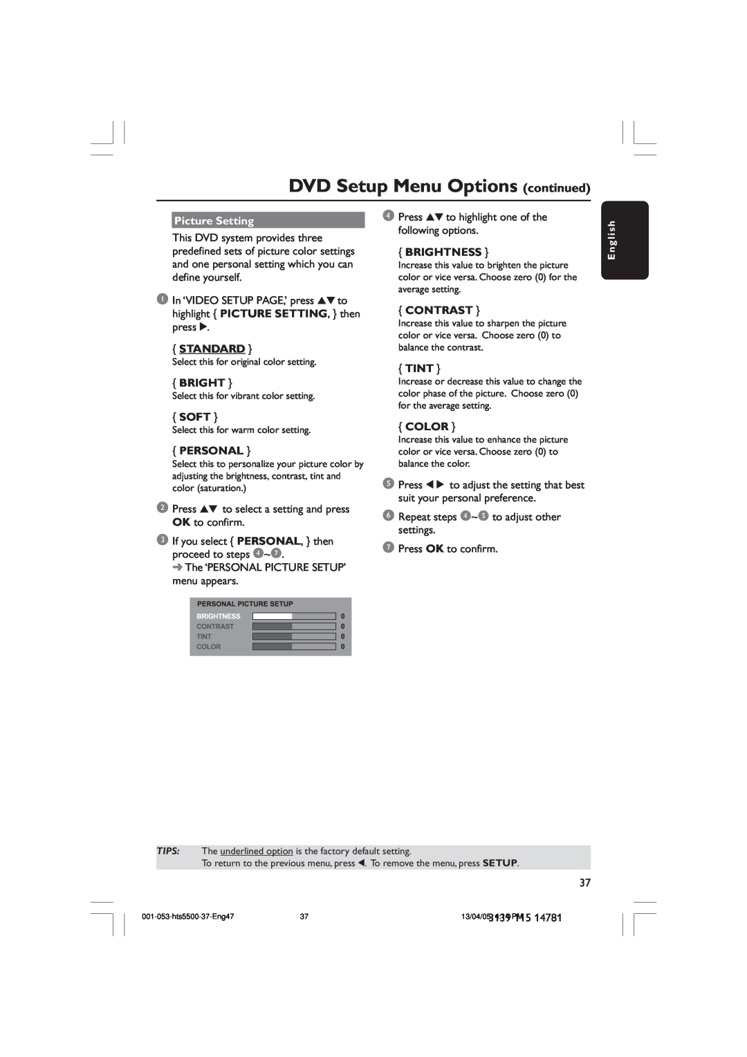 Philips HTS5500C/37B DVD Setup Menu Options continued, Picture Setting, Standard, Brightness, Contrast, Tint, Soft, Color 