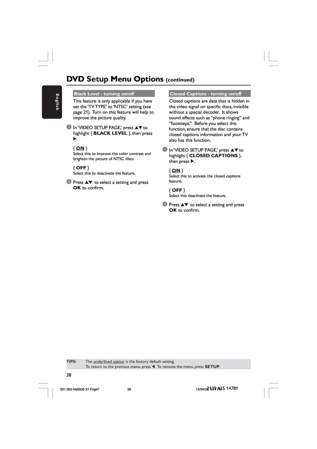 Philips HTS5500C DVD Setup Menu Options continued, Black Level - turning on/off, Closed Captions - turning on/off 