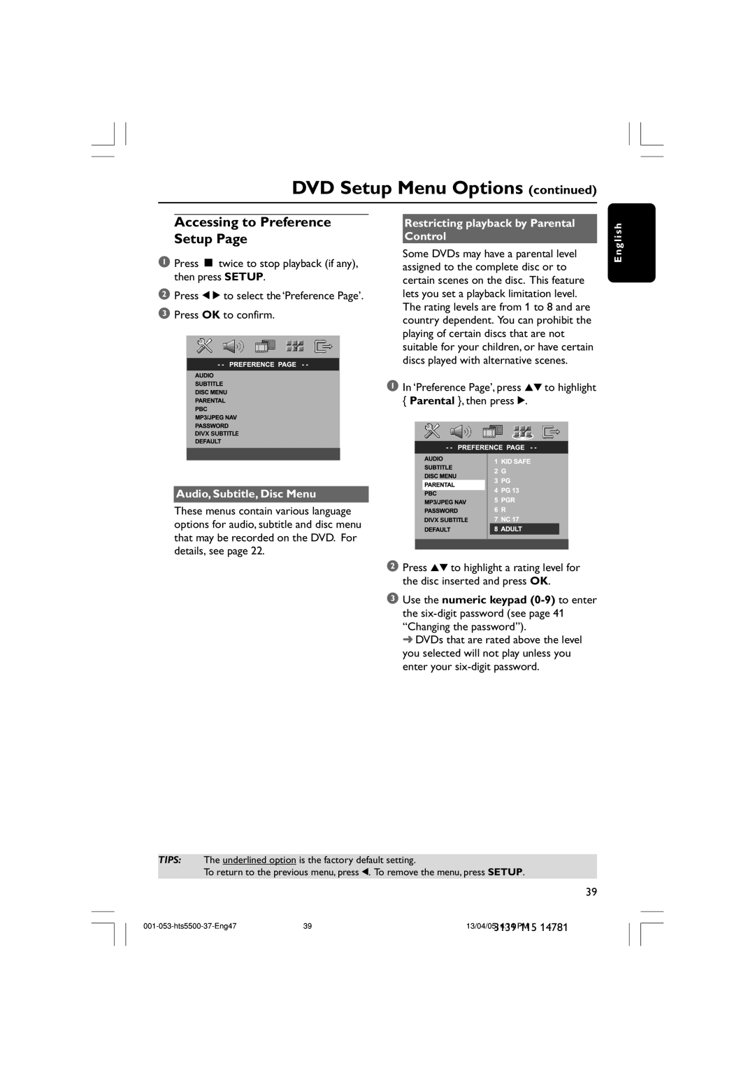 Philips HTS5500C/37B Accessing to Preference Setup Page, DVD Setup Menu Options continued, Audio, Subtitle, Disc Menu 