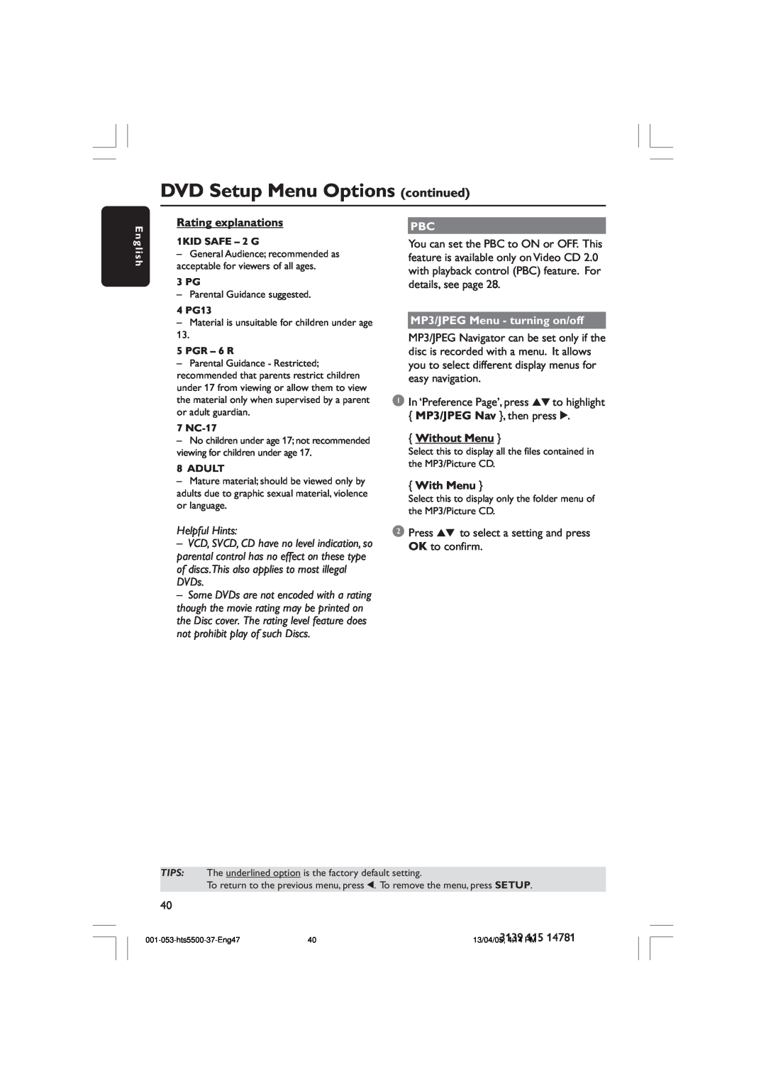 Philips HTS5500C DVD Setup Menu Options continued, Rating explanations, MP3/JPEG Menu - turning on/off, Without Menu 