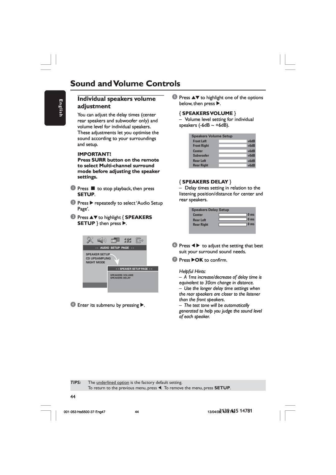 Philips HTS5500C Sound and Volume Controls, Individual speakers volume adjustment, Setup, Speakers Volume, Speakers Delay 