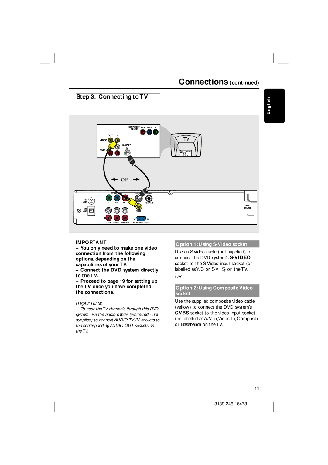 Philips HTS5510C quick start Connecting to TV, Option 1 Using S-Video socket, Option 2 Using Composite Video socket 