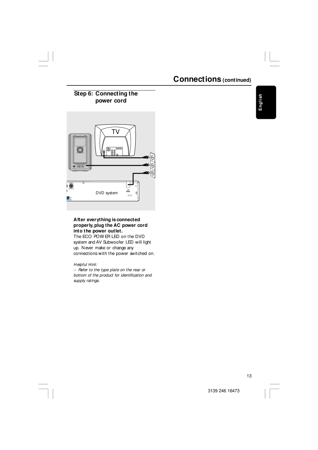 Philips HTS5510C quick start Connecting the power cord 