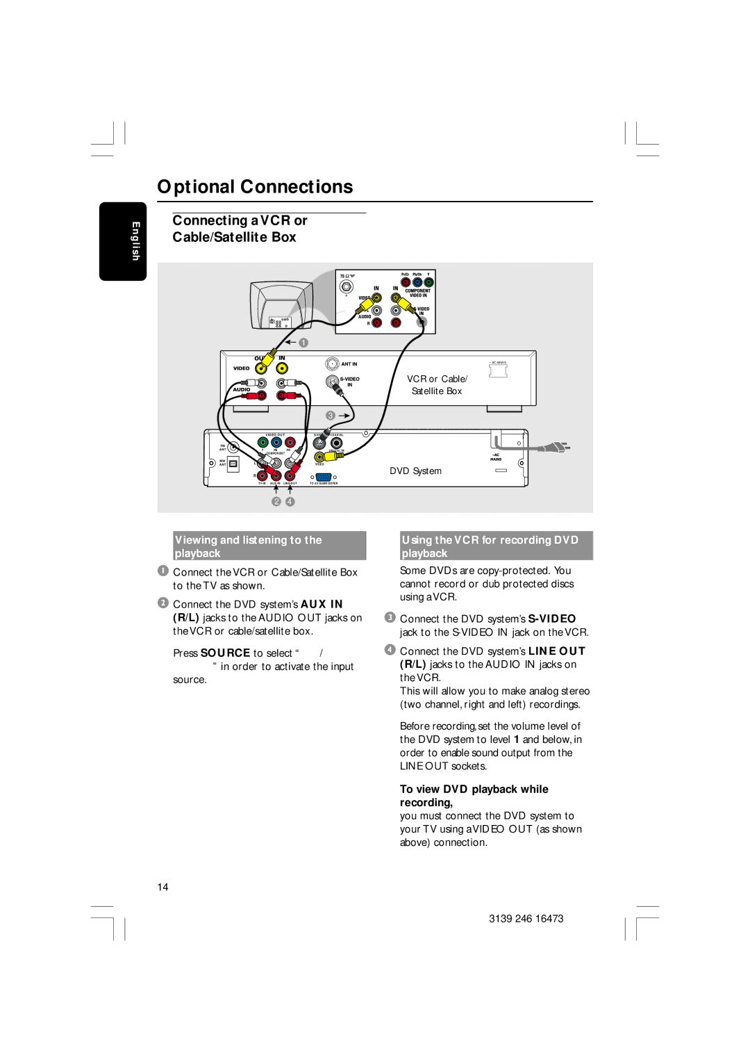 Philips HTS5510C Optional Connections, Connecting a VCR or Cable/Satellite Box, Viewing and listening to the playback 