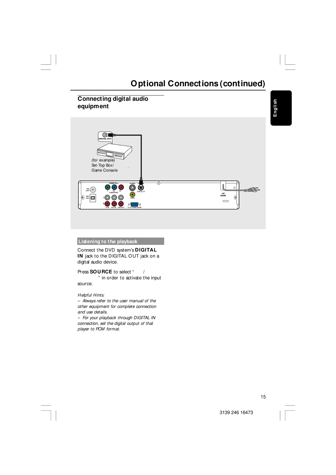 Philips HTS5510C quick start Connecting digital audio equipment, Listening to the playback 