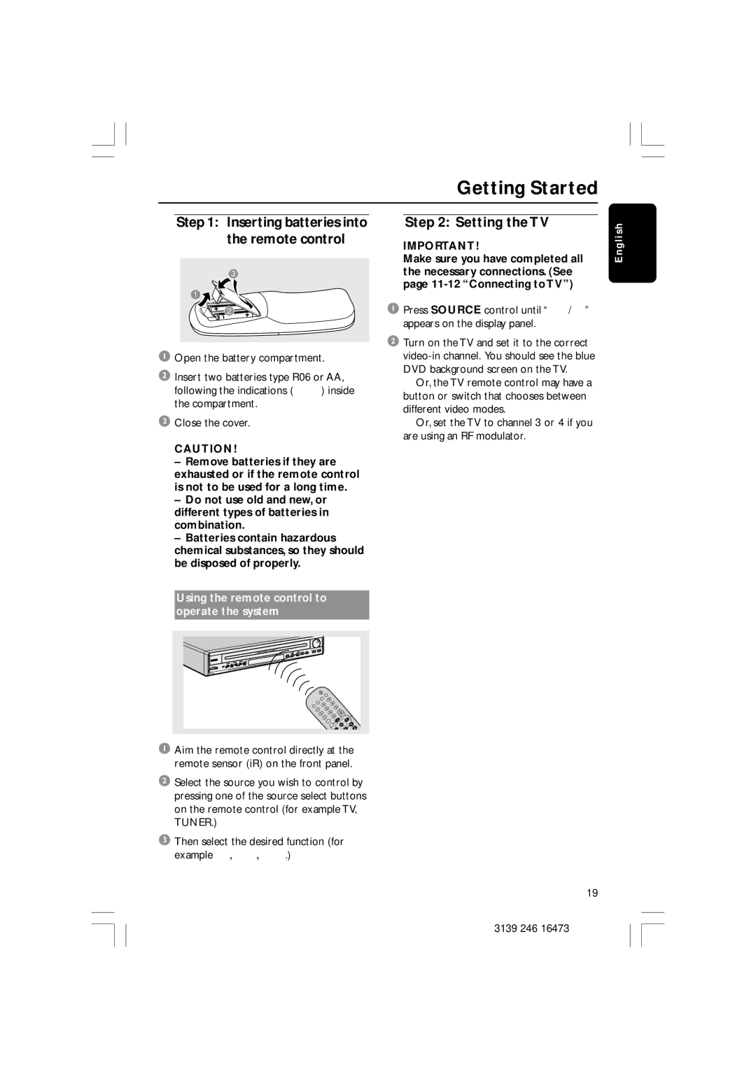 Philips HTS5510C quick start Getting Started, Setting the TV, Using the remote control to operate the system 