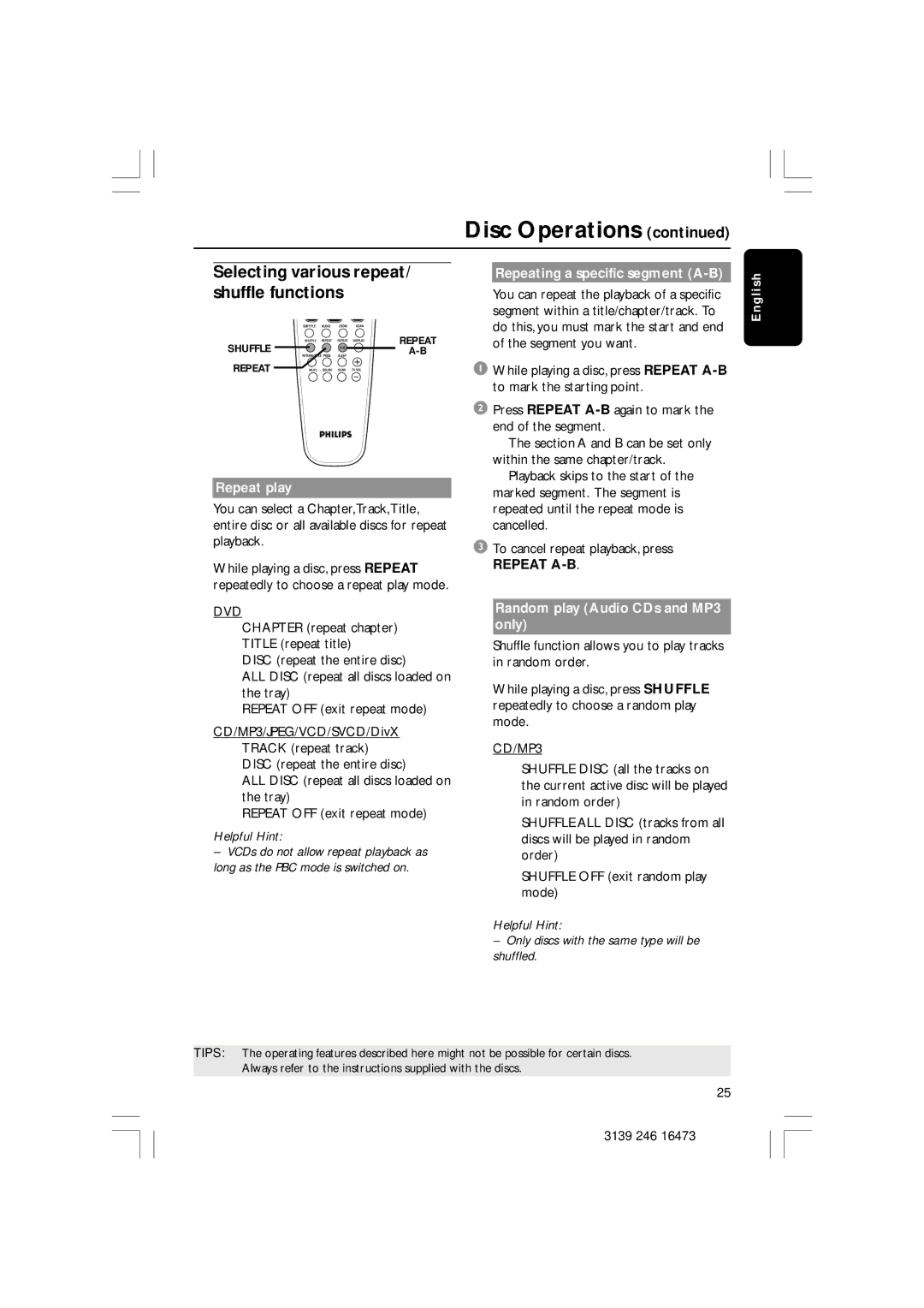 Philips HTS5510C quick start Selecting various repeat/ shuffle functions, Repeat play, Repeating a specific segment A-B 