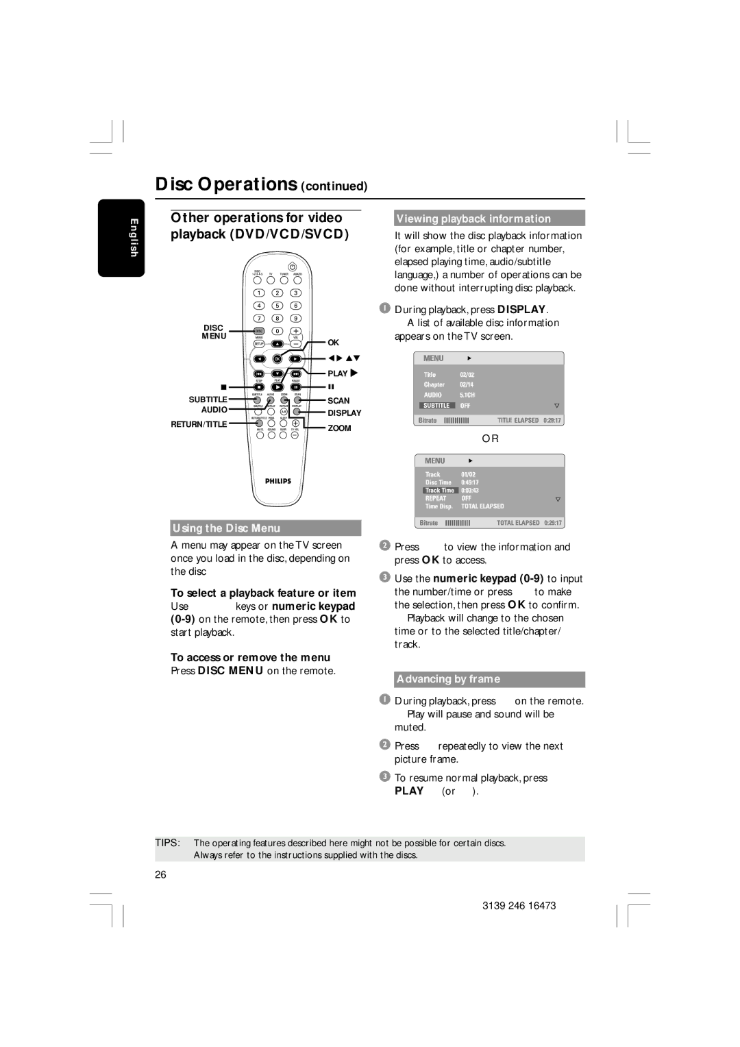 Philips HTS5510C Other operations for video playback DVD/VCD/SVCD, Using the Disc Menu, Viewing playback information 