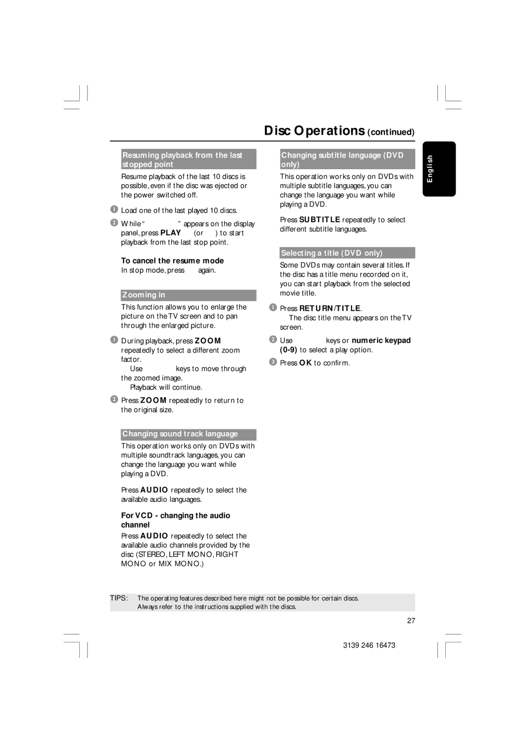 Philips HTS5510C quick start Resuming playback from the last stopped point, Zooming, Changing subtitle language DVD only 