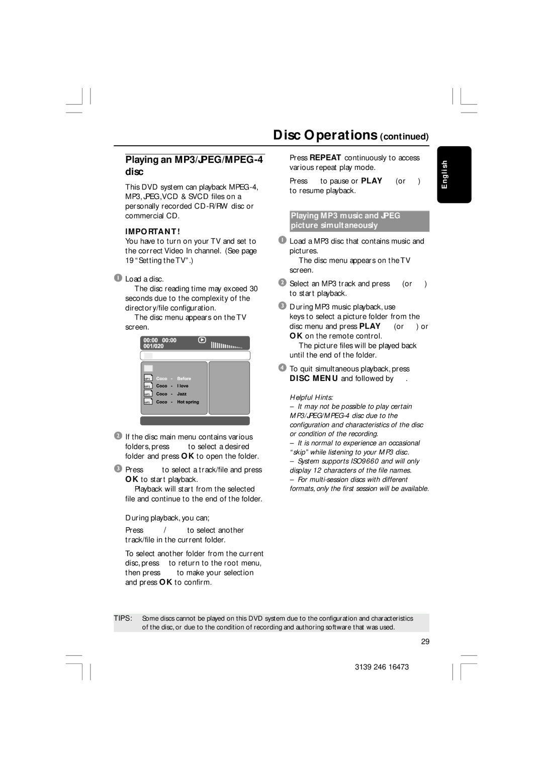 Philips HTS5510C quick start Playing an MP3/JPEG/MPEG-4 disc, Disc menu appears on the TV screen 