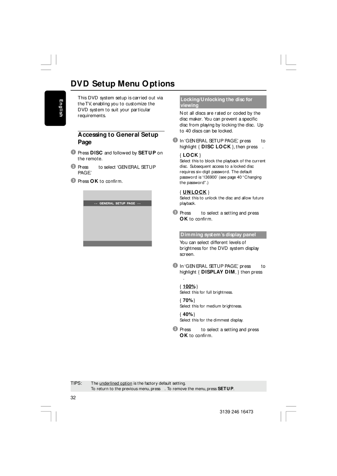 Philips HTS5510C quick start DVD Setup Menu Options, Accessing to General Setup, Locking/Unlocking the disc for viewing 