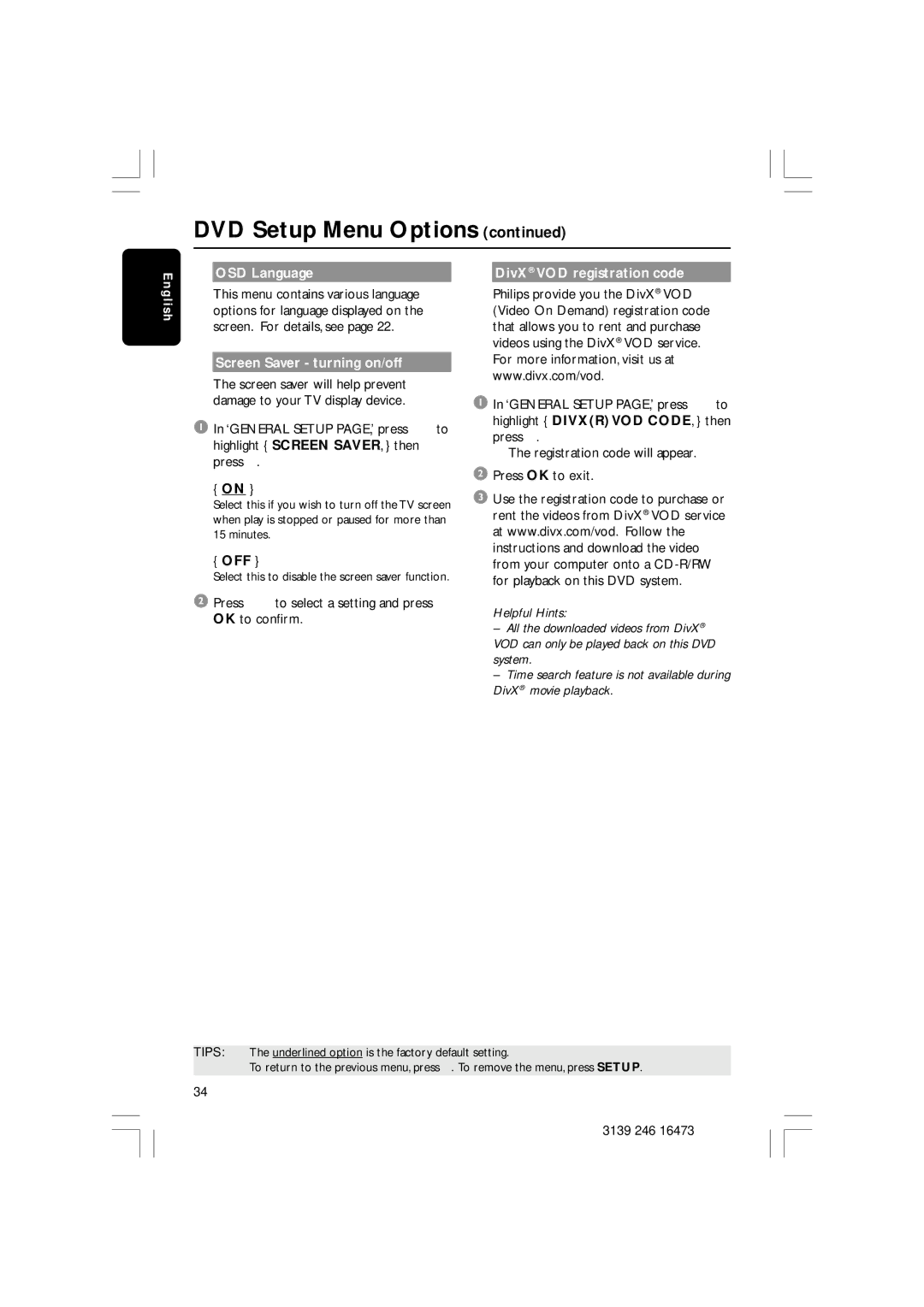 Philips HTS5510C quick start OSD Language, Screen Saver turning on/off, Off, DivX VOD registration code 