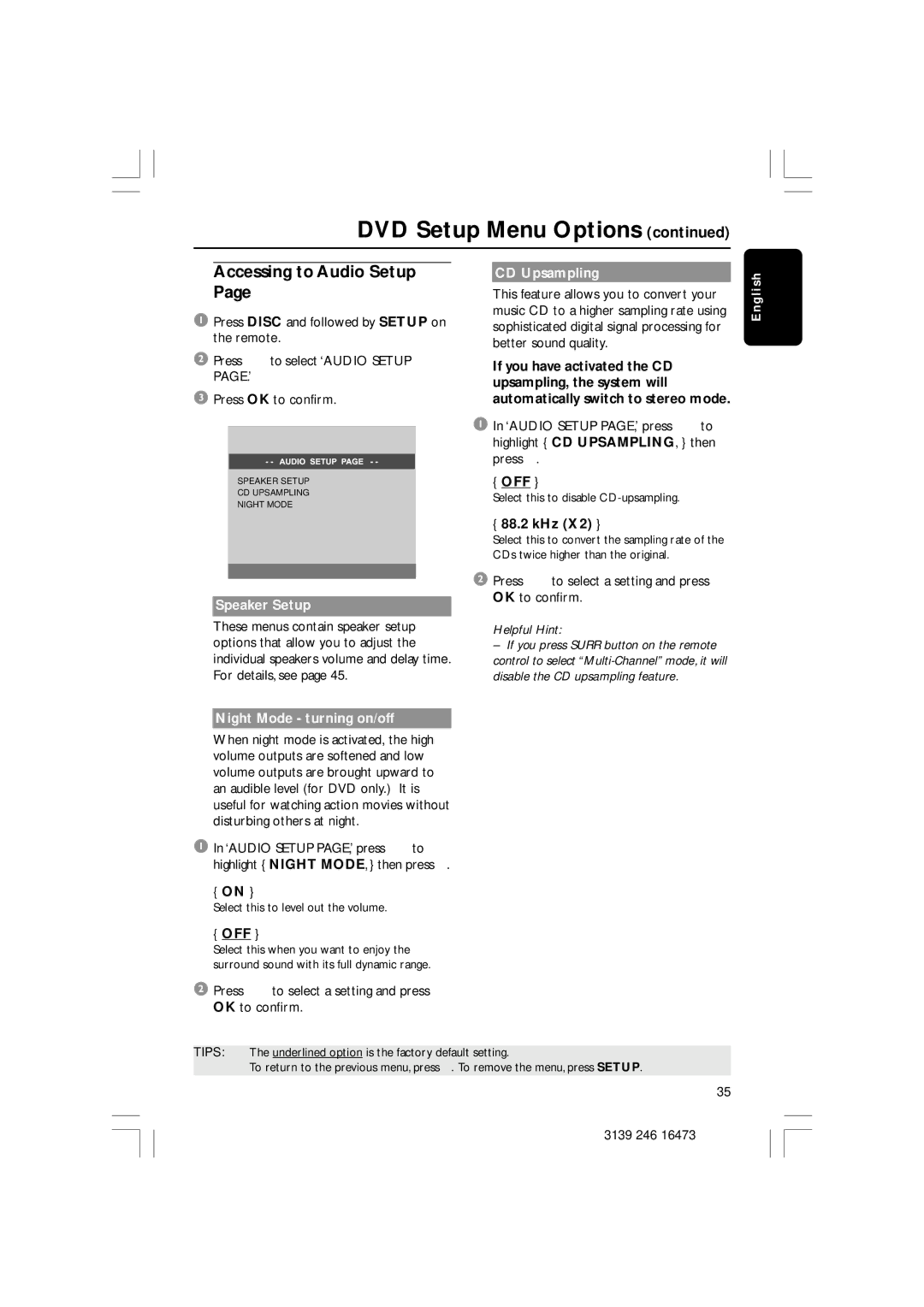 Philips HTS5510C quick start Accessing to Audio Setup, Speaker Setup, Night Mode turning on/off, CD Upsampling, 88.2 kHz 