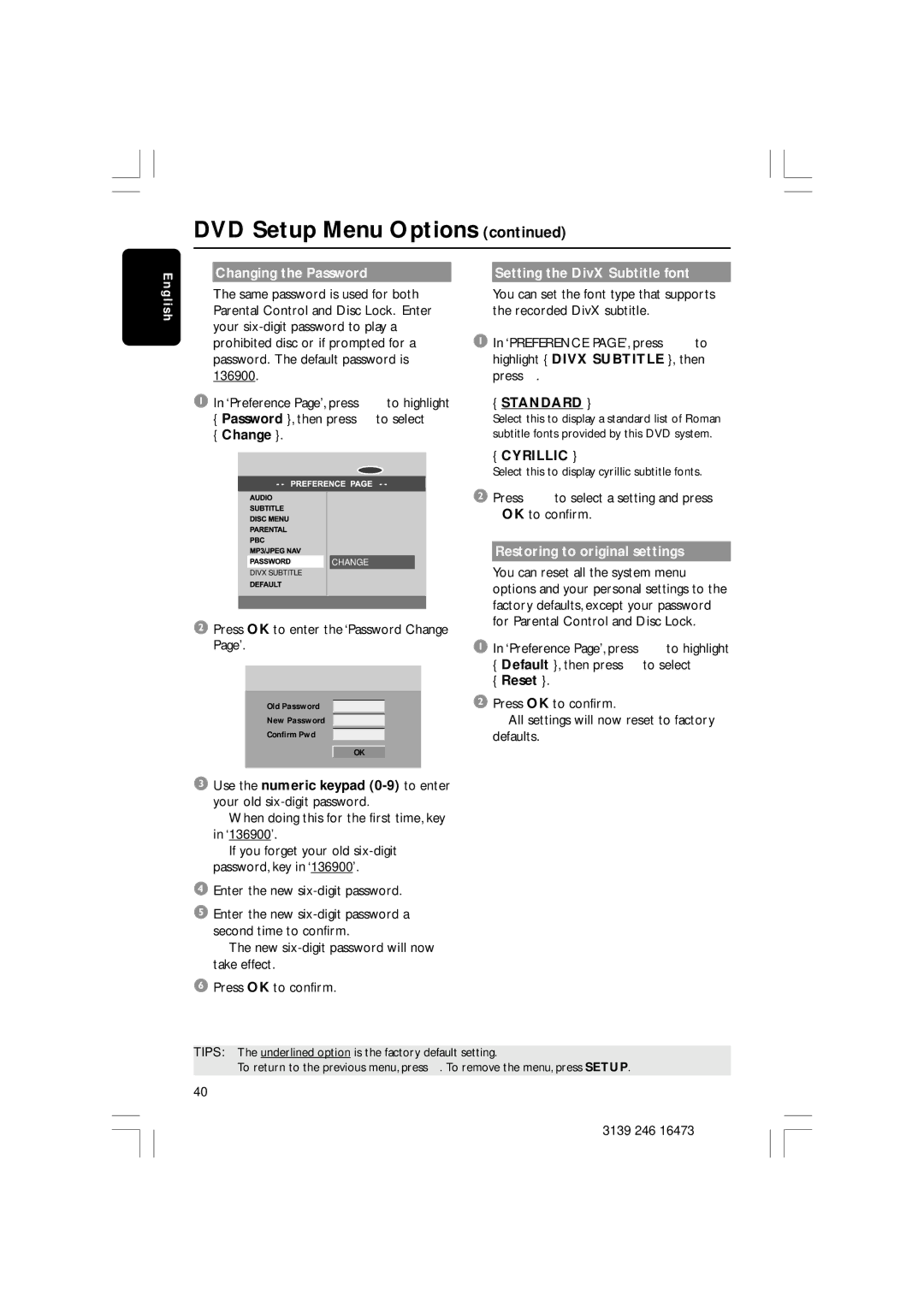 Philips HTS5510C Changing the Password Setting the DivX Subtitle font, Change, Cyrillic, Restoring to original settings 