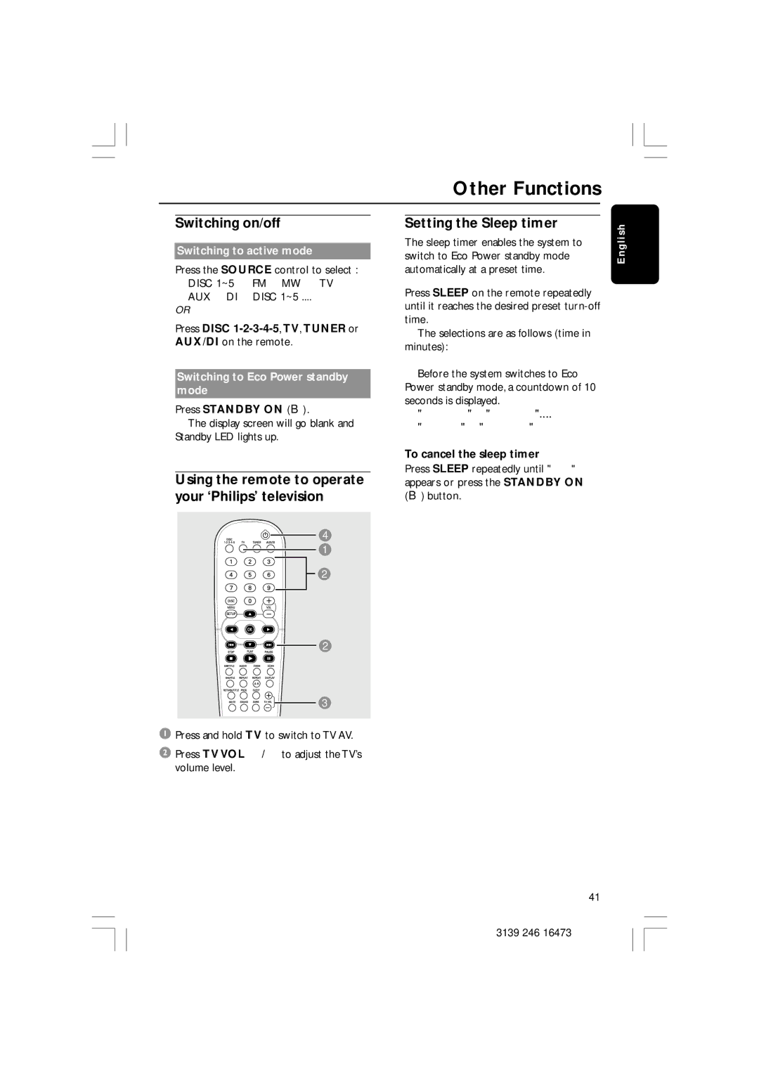 Philips HTS5510C quick start Other Functions, Switching on/off, Using the remote to operate your ‘Philips’ television 