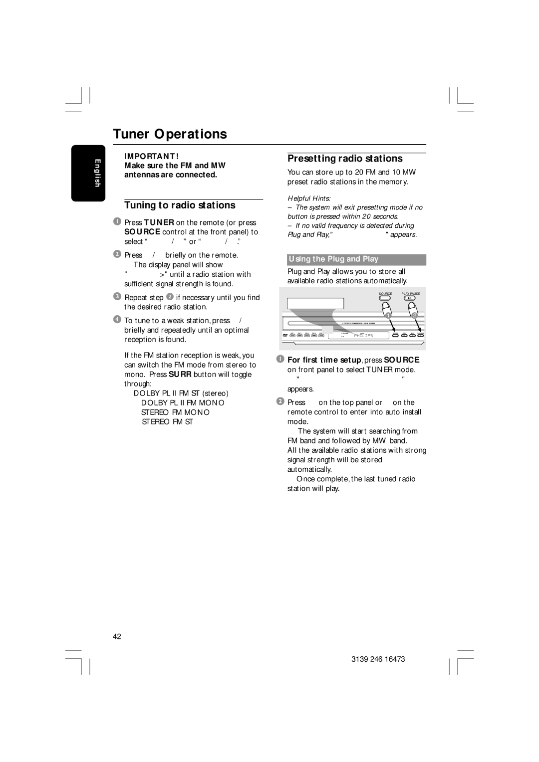 Philips HTS5510C quick start Tuner Operations, Tuning to radio stations, Presetting radio stations, Using the Plug and Play 