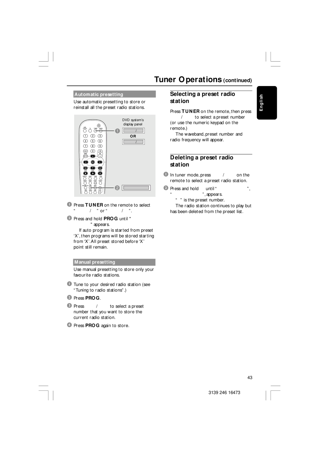 Philips HTS5510C quick start Selecting a preset radio station, Deleting a preset radio station, Automatic presetting 