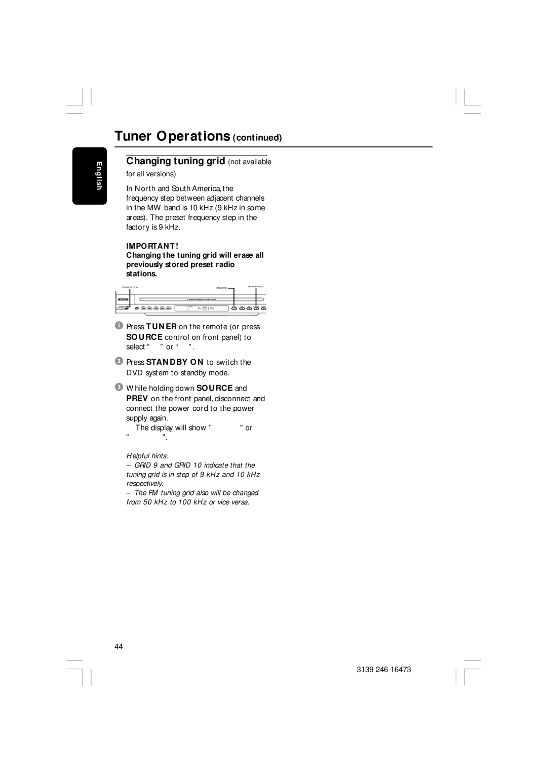 Philips HTS5510C quick start Changing tuning grid not available 