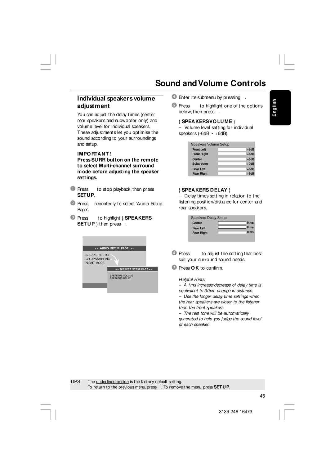 Philips HTS5510C Sound and Volume Controls, Individual speakers volume adjustment, Setup, Speakers Volume, Speakers Delay 