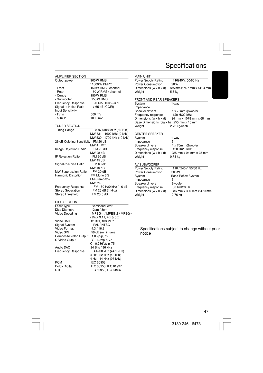 Philips HTS5510C quick start Specifications, Amplifier Section 