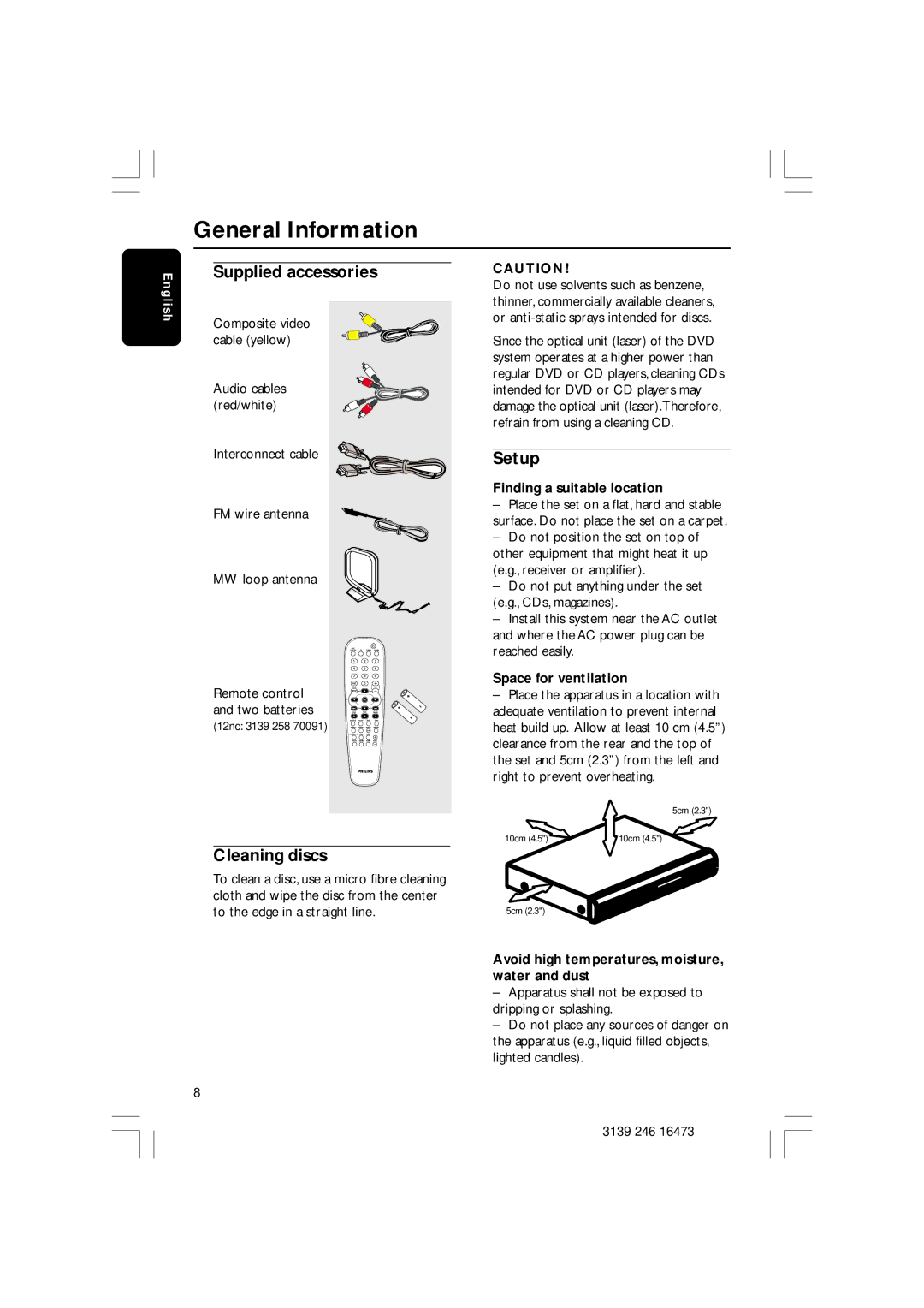 Philips HTS5510C quick start General Information, Supplied accessories, Cleaning discs, Setup 