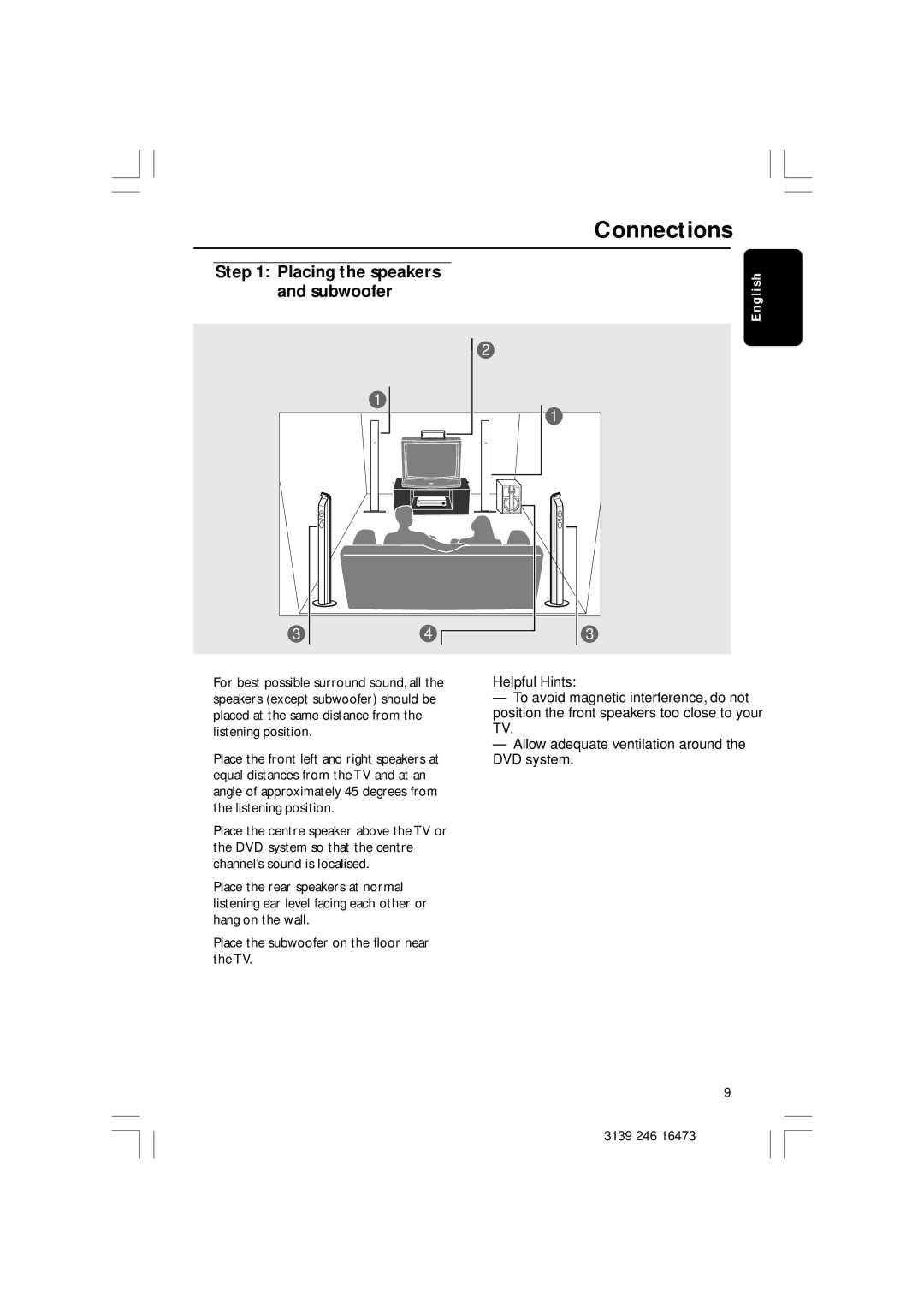 Philips HTS5510C quick start Connections, Placing the speakers and subwoofer 