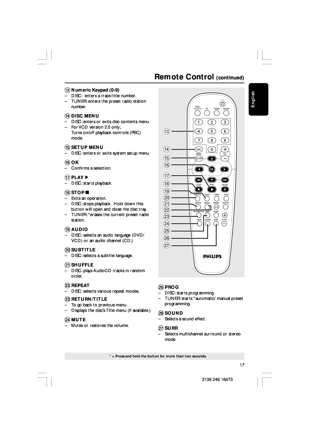 Philips HTS5510C Remote Control continued, # $ % & ¡ £ ≤ ∞ § ≥, #Numeric Keypad, $Disc Menu, Setup Menu, Playé, Stopç 