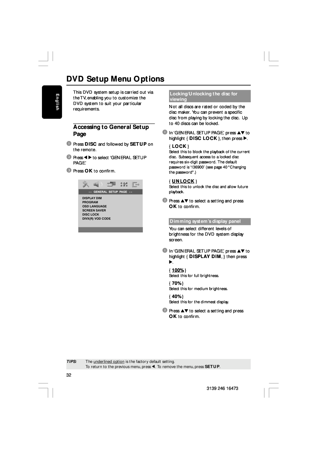 Philips HTS5510C DVD Setup Menu Options, Accessing to General Setup Page, Locking/Unlocking the disc for viewing, 100% 