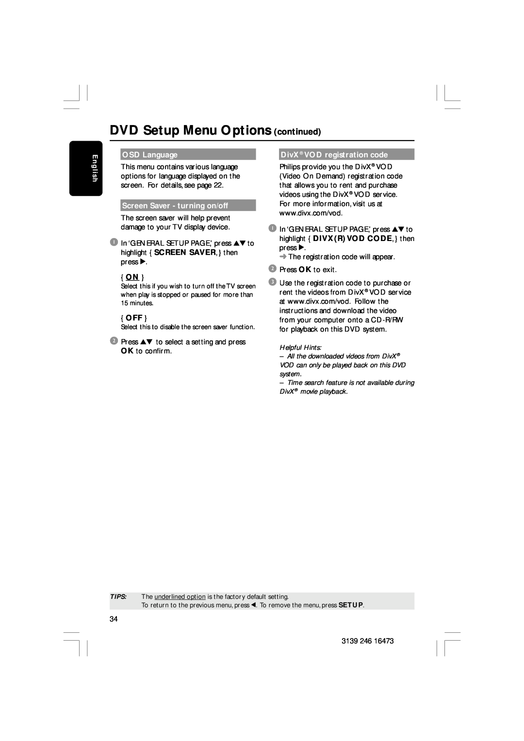 Philips HTS5510C DVD Setup Menu Options continued, OSD Language, Screen Saver - turning on/off, DivX VOD registration code 