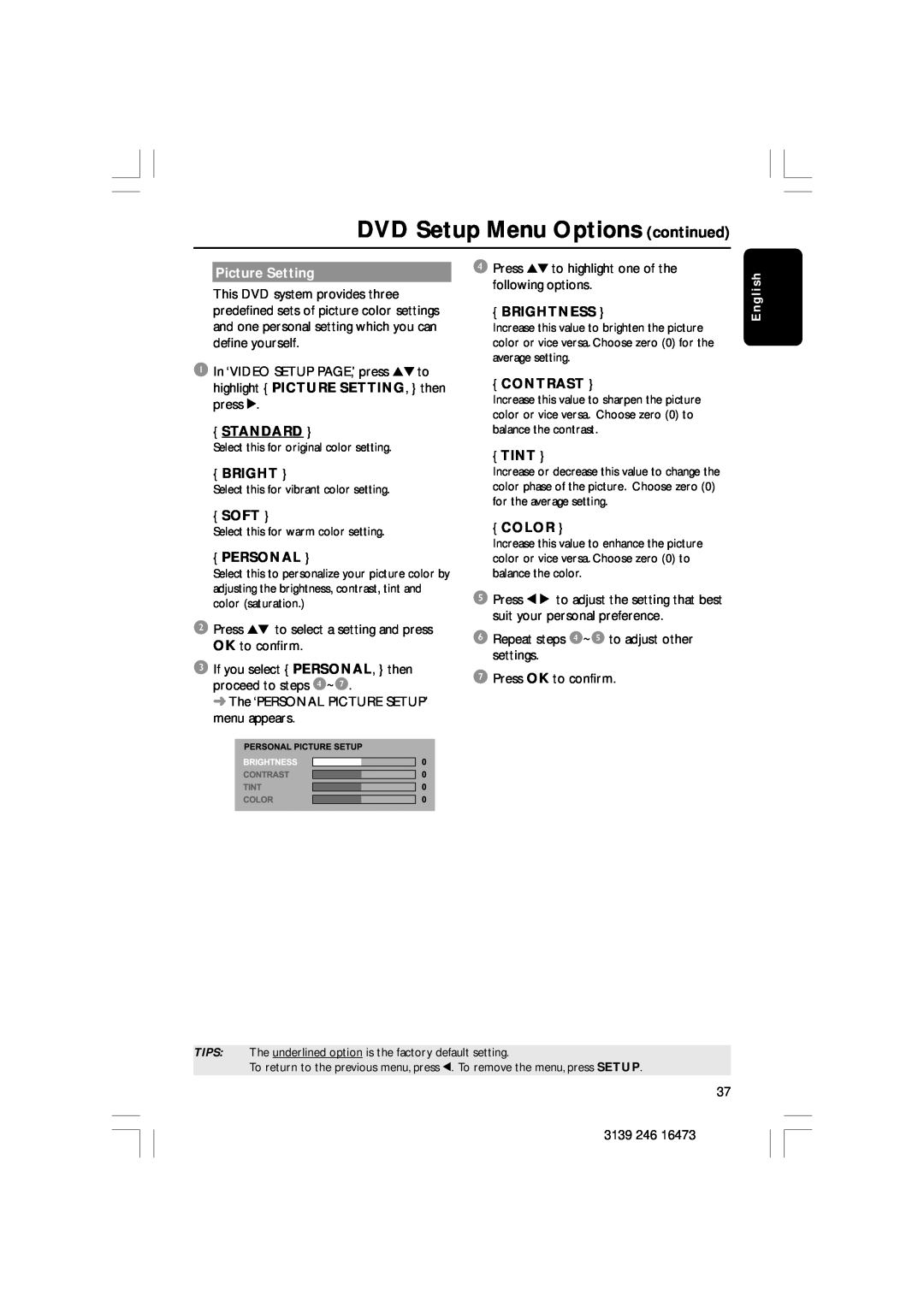 Philips HTS5510C DVD Setup Menu Options continued, Picture Setting, Standard, Brightness, Contrast, Tint, Soft, Personal 